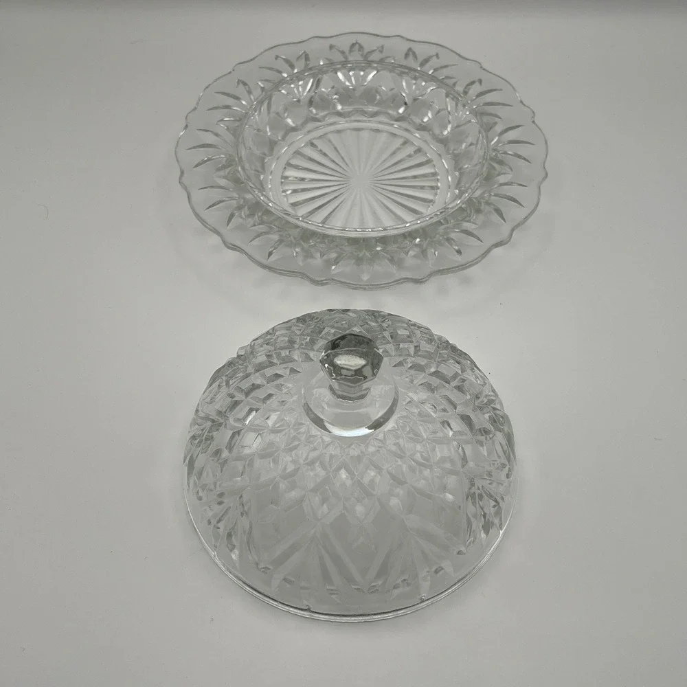 Vintage Anchor Hocking Clear Prescut Glass Butter Dish Dome Cover Plate Embossed
